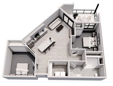 A 3D floor plan of a house with a kitchen, living room, and bathroom.